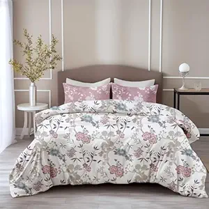 LORETO - A QUALITY LINEN BRAND 144 TC 100% Pure Cotton Bedsheet for King Size Bed, 144TC Soft & Breathable King Size Bed Sheet Cotton with 2 Pillow Covers (Blush Pink & Teal Blooms, 104 x 104 Inches)