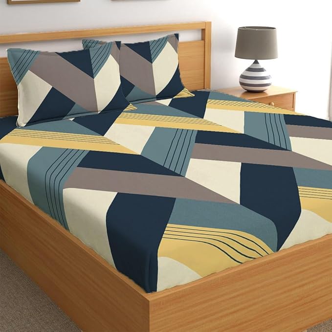 LOOMLYFE 300 TC Cotton Feel Glace Cotton Elastic Fitted Printed King Size Double Bed Bedsheet with 2 Pillow Covers Fits Upto 8 inches Mattress, Size- 72X78 Inches, BlueArrow